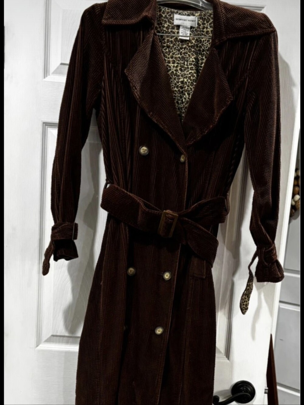 Vintage Newport Corduroy Leopard Lined Belted Trench Coat Jacket VTG